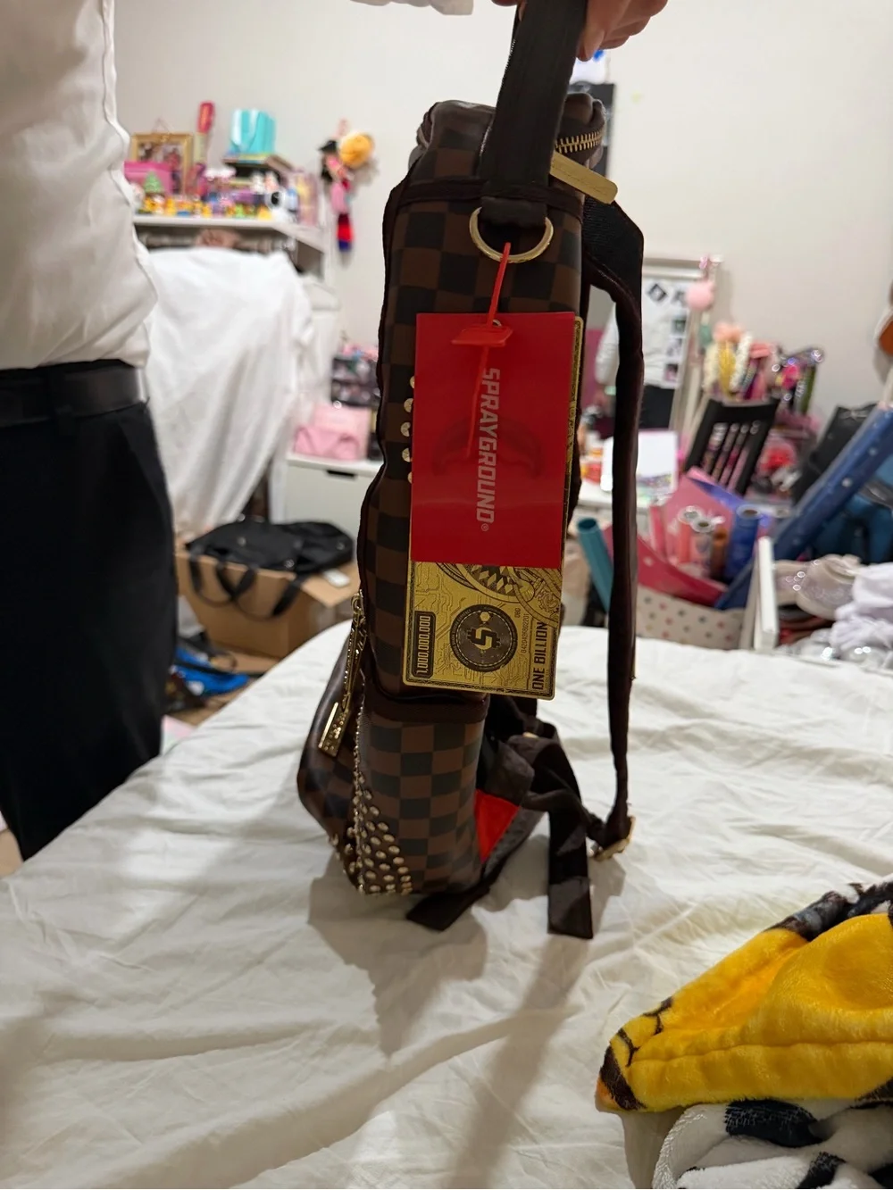 Brand new Sprayground Brown Checkered Backpack with Gold Stud Accents